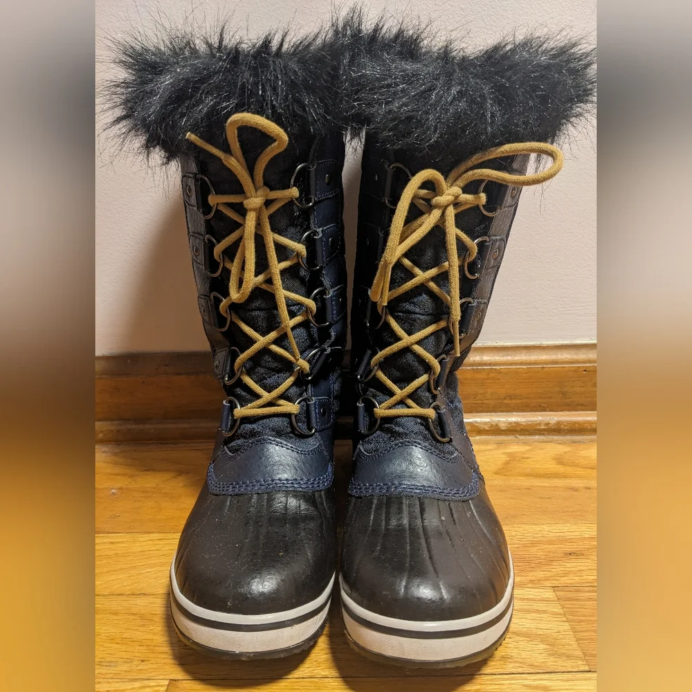 SOREL Tofino II Fleece Lined Waterproof Snow Boots Blue Black Camo Faux Fur 7.5